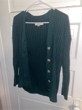 LOFT Teal Ribbed Button-Up Cardigan Sweater